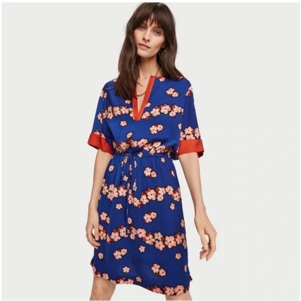 SCOTCH AND SODA floral print shift dress Short Sleeve Blue Orange size Medium